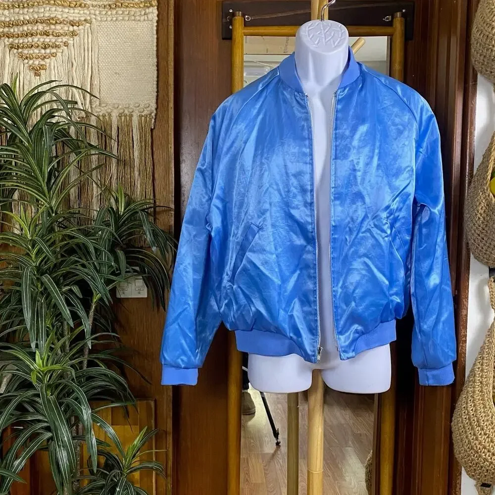 Margarita Ville Satin Bomber Jacket Mens M Blue Parrot Palm Bar Souvenir Vintage